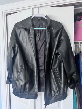 Fake Leather Oversized Bomber Jacket - Black -